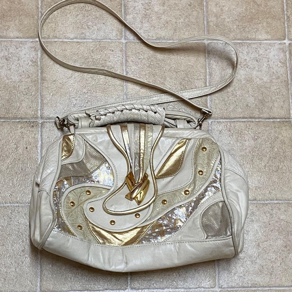 VTG,BAGS BY PINKY GENUINE LEADER MADE IN USA Elegant Cream and Gold Women's Bag - Picture 5 of 16